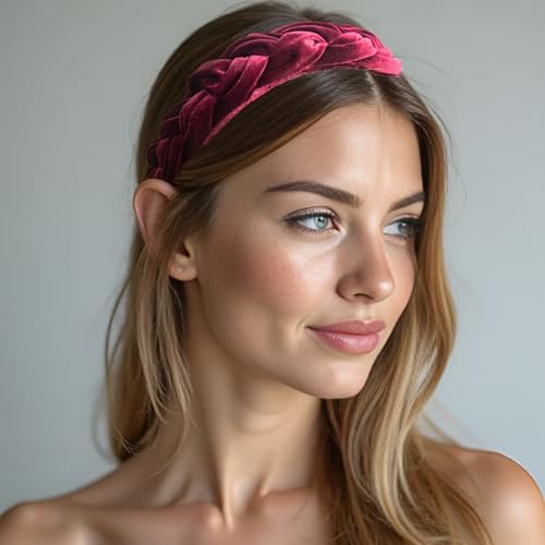 Dresyu Burgundy Braided Velvet Headband for Women, Padded Non-Slip Hair Accessory