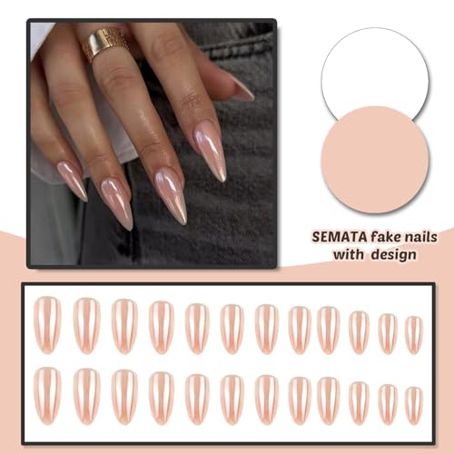 Nude Chrome Press on Nails - Almond Shape, 30 Pcs Reusable