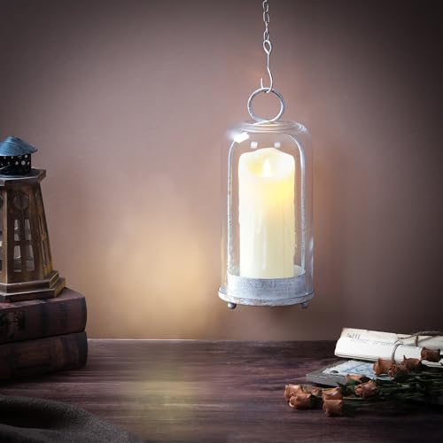 12" Modern Metal Hurricane Lantern with Handmade Glass Dome - Shabby White