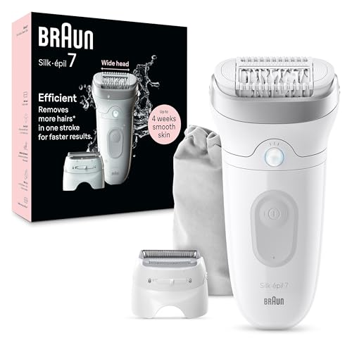 Braun Epilator Silk-?pil 7, Hair Removal Device, Women Shaver & Trimmer, Wet and Dry, Wide Head, Includes Shaver Head and Trimmer Comb, SE7-041, Silver