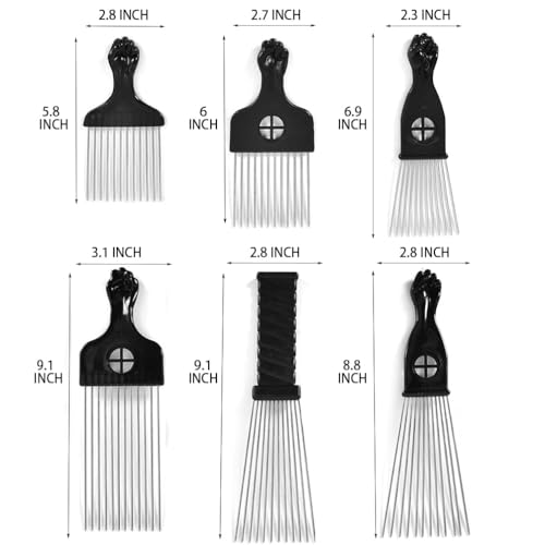 6 Pack Metal Afro Hair Picks with Fist Handles for Curly & Thick Hair - Durable, Rustless Styling Tools