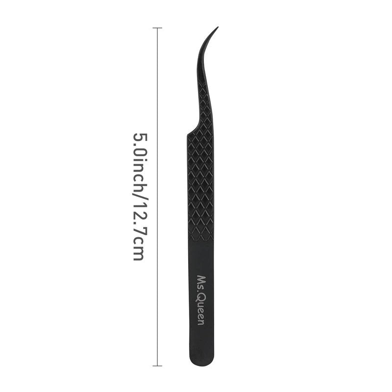 Ms.Queen Eyelash Extension Tweezers,Microfiber Tip Curved Lash Tweezers for Volume, Isolation& Classic Lashes Extensions,Black