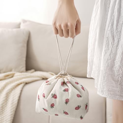 Cute Soft Corduroy Drawstring Makeup Bag - 06 Strawberry Pattern