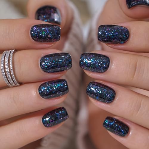 CurvLife Midnight Prism Black Short Square Glitter Press On Nails