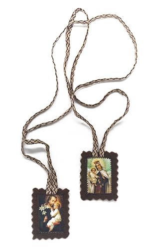 Handmade Catholic Scapular - Brown Wool Icon of Saint Joseph & Our Lady Mt Carmel