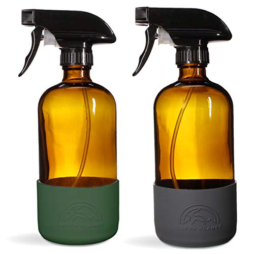 16 oz Amber Glass Spray Bottles with Silicone Sleeve - 2 Pack