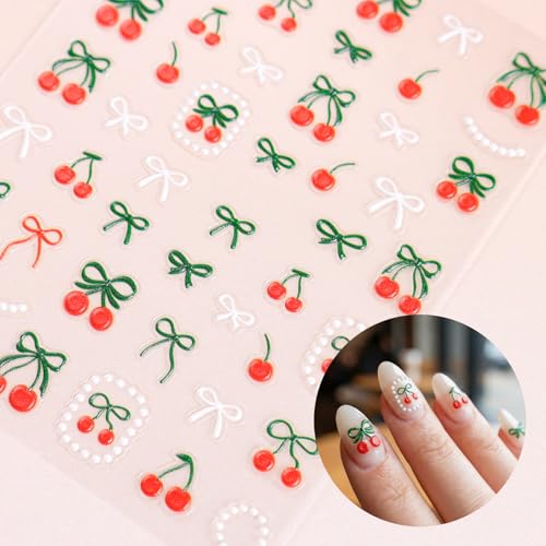 Cherry Nail Stickers - 5D Embossed Rhinestone Bow Nail Art Set