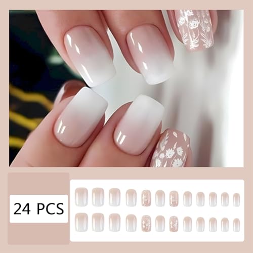 White Gradient Press-On Nails with Flower Design - 24 Pieces