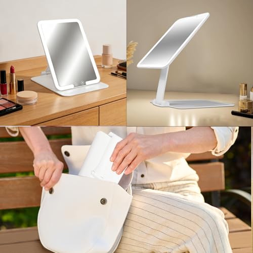 AtAstra Foldable LED Makeup Mirror with Smart Sensor - Standard Travel Vanity with 3 Light Modes