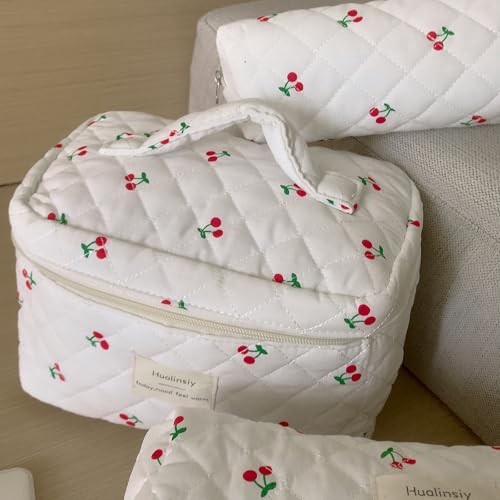 Cute Cherry Makeup Bag Set - 3 PCS Travel Toiletry Organizer (White-Cherry)