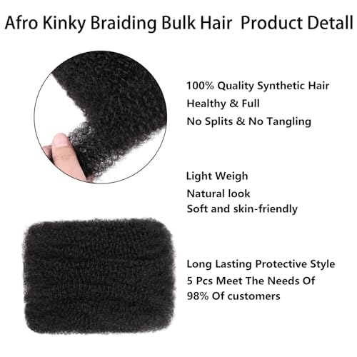 XTREND Natural Black 20 Inch Afro Kinky Curly Braiding Hair Bulk 5 Bundles for Dreadlocks & Micro Twists