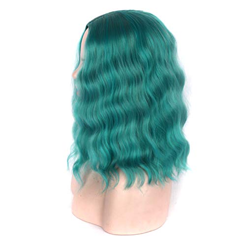 CliCling Short Wavy Bob Wig for Women - Middle Part, Curly, Shoulder Length, Colorful Synthetic Heat-Resistant Hair (Dark Turquoise)