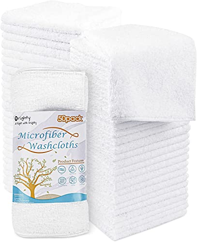 Orighty Microfiber Washcloths - 50 Pack, 12x12 Inch White Towels