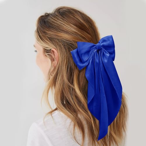 Sapphire Blue Silky Satin Large Hair Bow Clips for Women