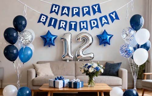 12th Birthday Party Decoration Set for Boys - Blue Balloons & Banner