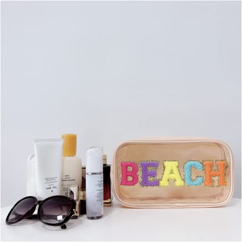 Clear Chenille Letter Makeup Bag - Waterproof Beach Pouch for Travel