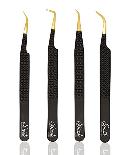 SIVOTE Fiber Tip Lash Tweezers Set of 4 with Black Variation - Diamond Grip Japanese Steel Anti-Rust
