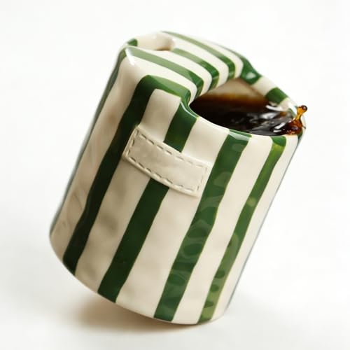 YETESON Retro Handmade Ceramic Travel Coffee Mug - 10oz Green & White Striped