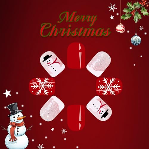 MAOTTIE Christmas Press On Nails Snowflake Glitter Snowman Short Square Fake Nails Red Xmas 24Pcs