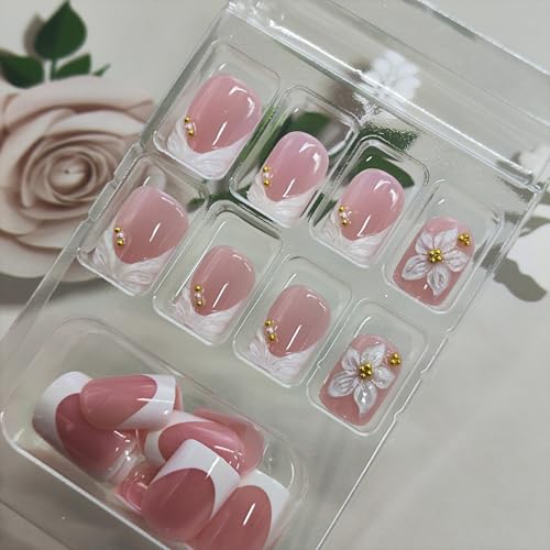 Short Square Press On Nails with 3D Floral Design - 24 Pcs