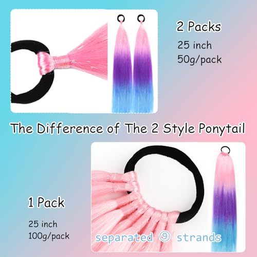 NOTICEME 25 Inch Colored Hair Ponytail Extensions with Tinsel - Pack of 2, Crazy Hair Day