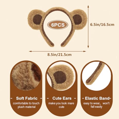 Cute Brown Plush Bear Ears Headbands - 6 Pack for Parties