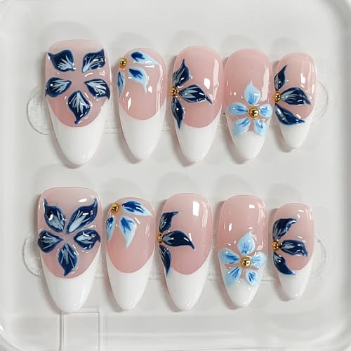 BRKYKGK Medium Almond Press on Nails with 3D Floral Design - Style18