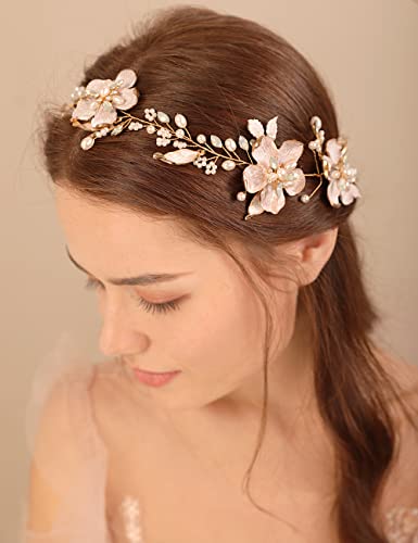 Xerling Gold Opal Crystal Flower Hair Vine for Brides & Girls