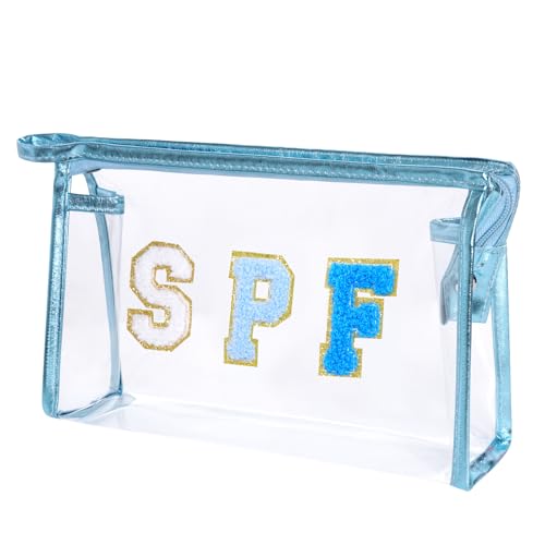 Blue Clear Preppy Makeup Bag with Chenille Letter Patch, Waterproof Travel Toiletry Organizer