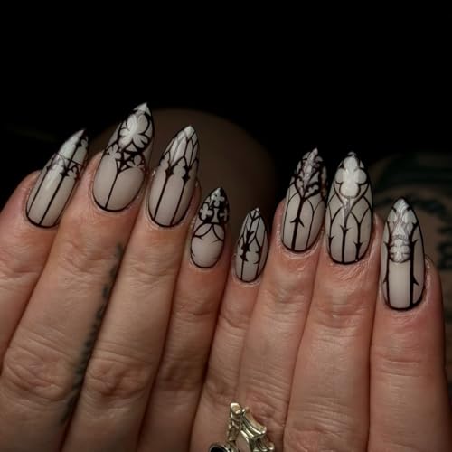 Medium Length Black Almond Press-On Nails - Glow in the Dark