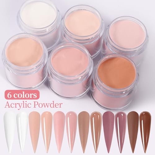 6-Color Acrylic Nail Powder Kit with Glitter - Nude Pink, White, Crystal & More for Nail Art