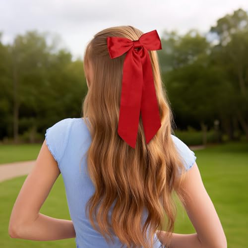 WantGor Satin Long Tail Bow Hair Clips for Women - Red