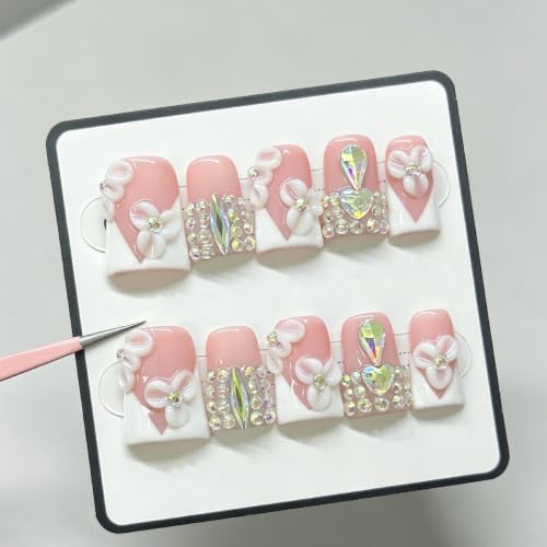 RIICFDD Medium Duck Press on Nails - Rhinestone French Tip (M)