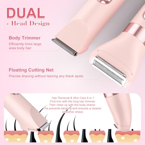 Hatteker 4-in-1 Women's Electric Razor, Dual-Head Body Hair Trimmer for Women, IPX7 Waterproof Rechargeable Bikini Trimmer & Facial Hair Remover for Legs, Armpits, Face, Nose, Eyebrows, Pink