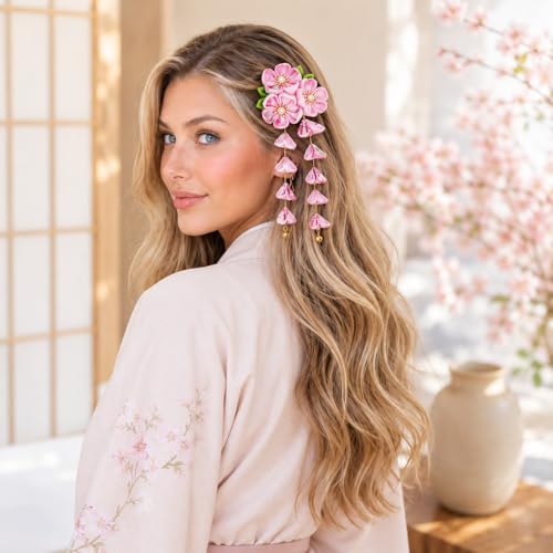 LUOZZY Japanese Kanzashi Hair Clips with Flower & Tassel Design