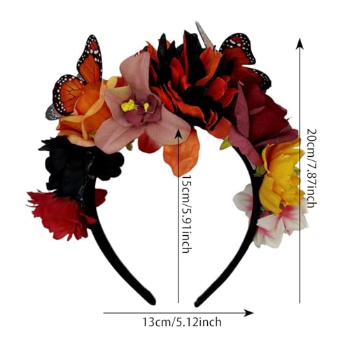 Boho Butterfly Flower Crown Headband, Adjustable Floral Bridal Headpiece