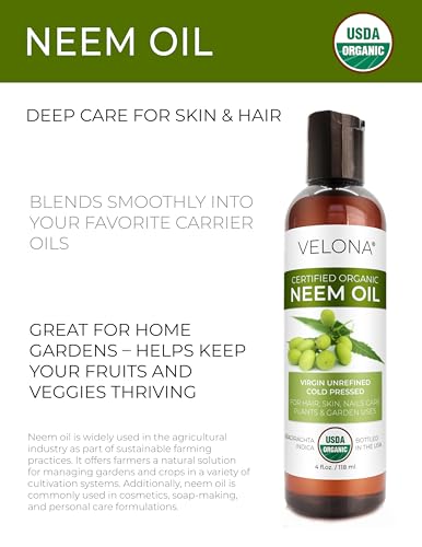 Velona USDA Organic Neem Oil 4oz Cold Pressed Virgin Unrefined Skin & Garden Oil