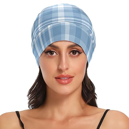 ElliTarr Satin Lined Sleep Bonnet for Curly Hair - Blue Plaid