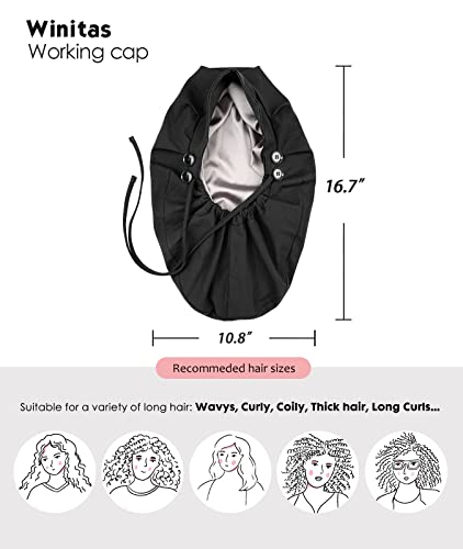 Black Satin Lined Work Cap with Button for Long Hair Women