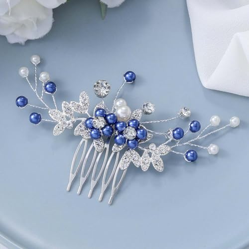Blue Pearl Bridal Hair Comb - Wedding Hair Accessory for Women & Girls