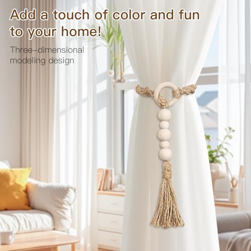 Macrame Curtain Tiebacks with Wooden Beads - 2-Pcs Natural Beige Holdbacks