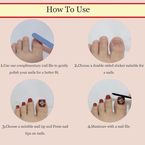 Short Pink French Tip Press On Toenails with Rhinestone Design - 24 Pcs