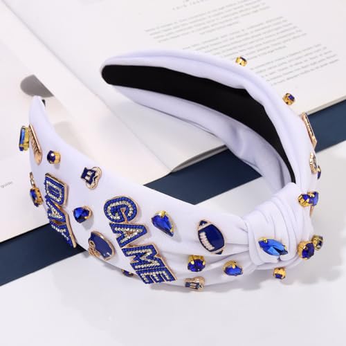 CEALXHENY White Blue Football Headband for Women Game Day Beaded Rhinestones