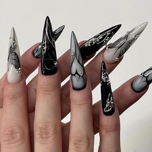 MISUD Long Stiletto Press-On Nails Black Butterfly Gothic Design 24 pcs - Variation 06103-01-01Black