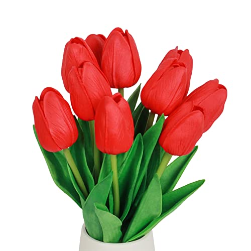 10 Red Faux Tulips - Realistic Artificial Flowers for Home Decor