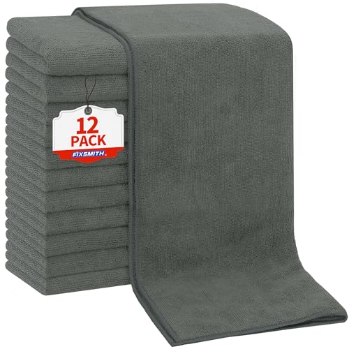 FIXSMITH 12 Pack Grey Microfiber Salon Towels - Quick Dry, 16x27 in