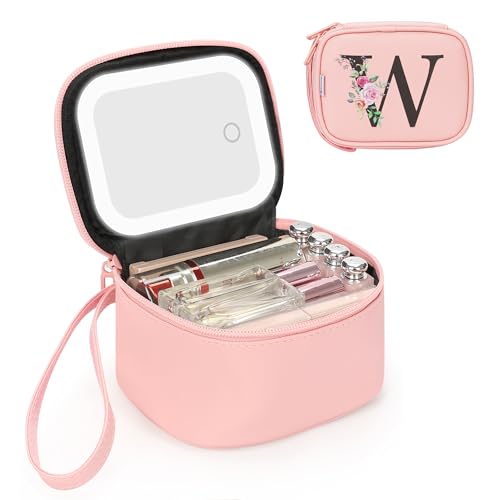 Personalized Initial Makeup Bag with LED Mirror - Pink