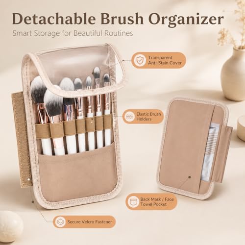 Checkered Travel Makeup Bag - Large Cosmetic Organizer with Brush Holder