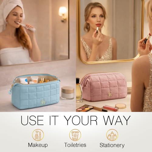 Quilted Pink Makeup Bag for Women - Travel Toiletry Organizer