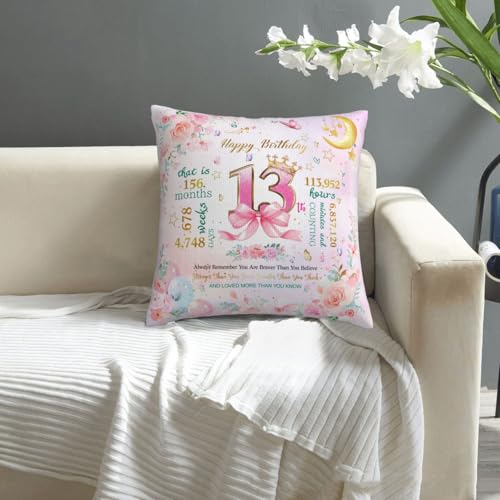 13th Birthday Pillow Cover for Girls - Cute Pink Design, 18x18